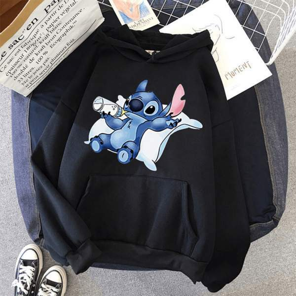 Дамски суичър Stitch Milk — черно, 100% памук, качулка | SatModa
